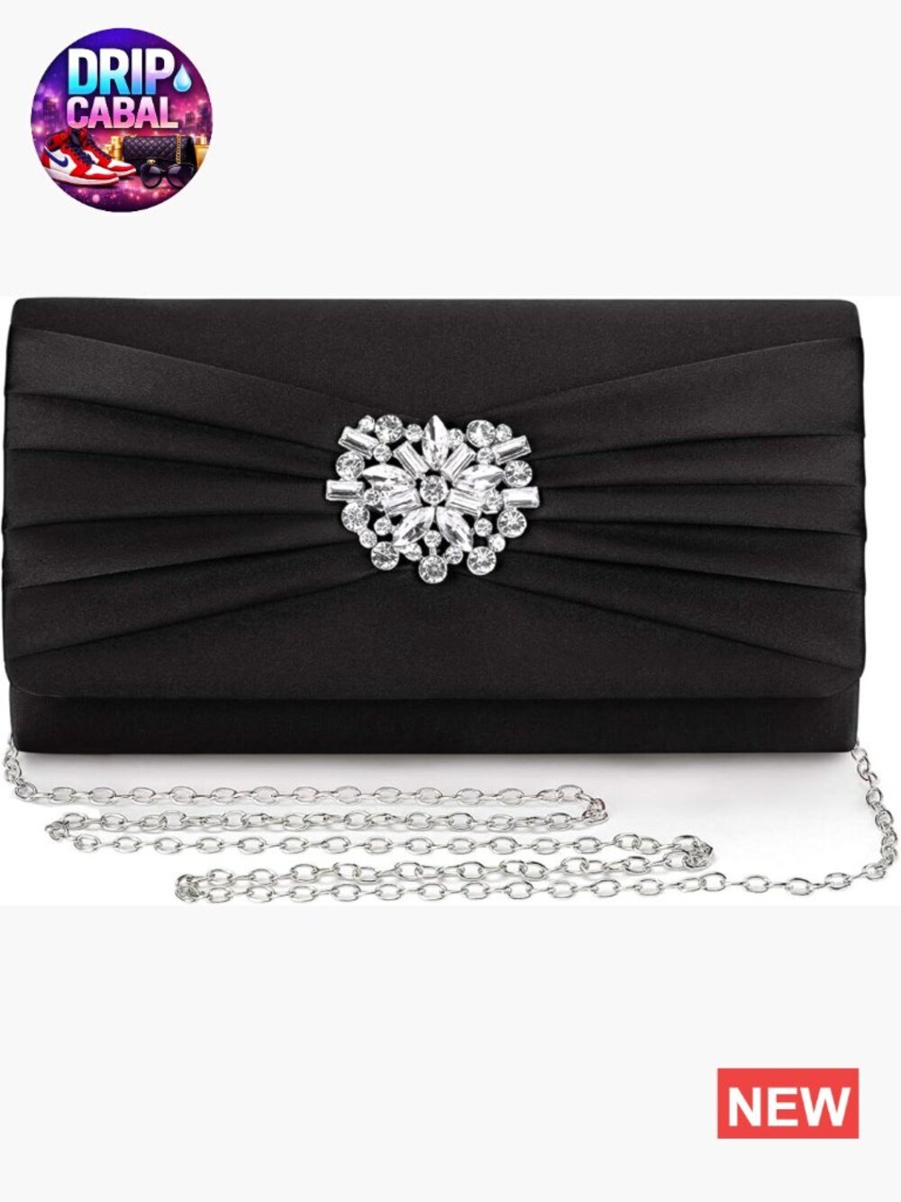 Satin Pleated Rhinestone Brooch Prom Clutch With Detachable Chain Strap